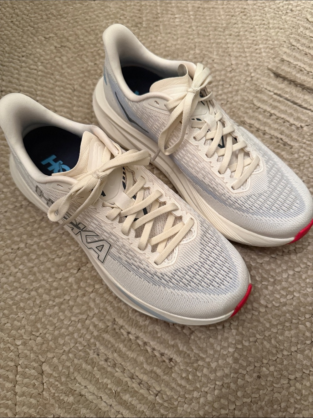 Hoka Men's White Running Shoes with Light Blue Accents and Red Toe - Picture 2 of 6
